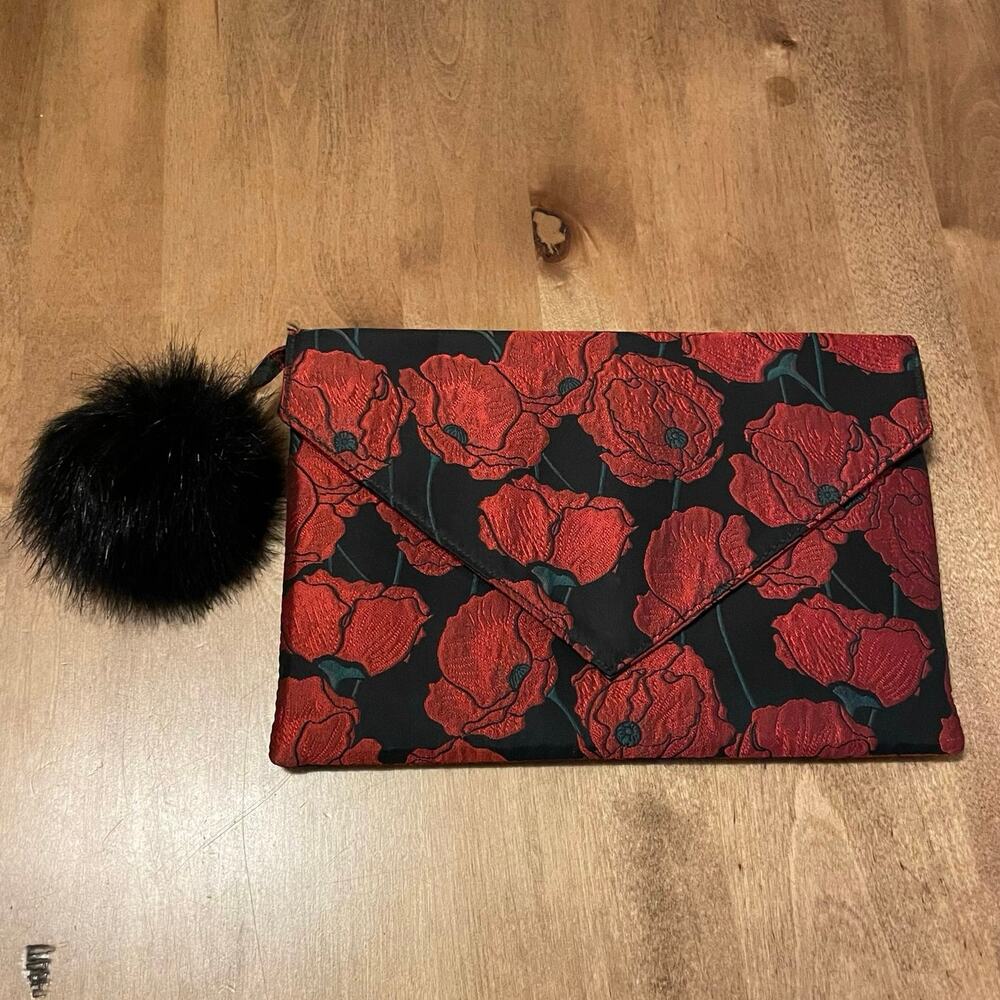 Anthropologie Monserat de Lucca Floral Poppy Envelope Clutch Fur Pom Pon